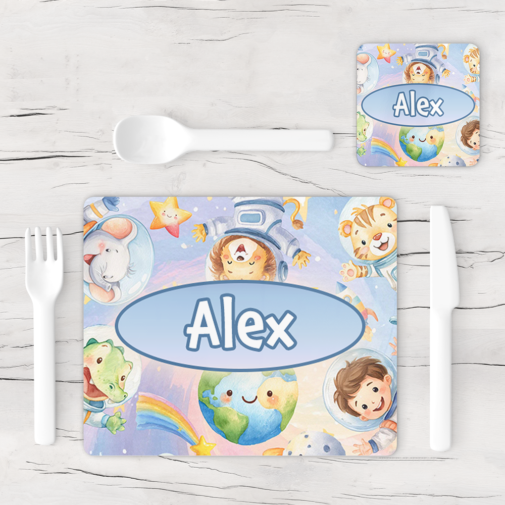 Personalised Space Safari Animals Placemat & Coaster