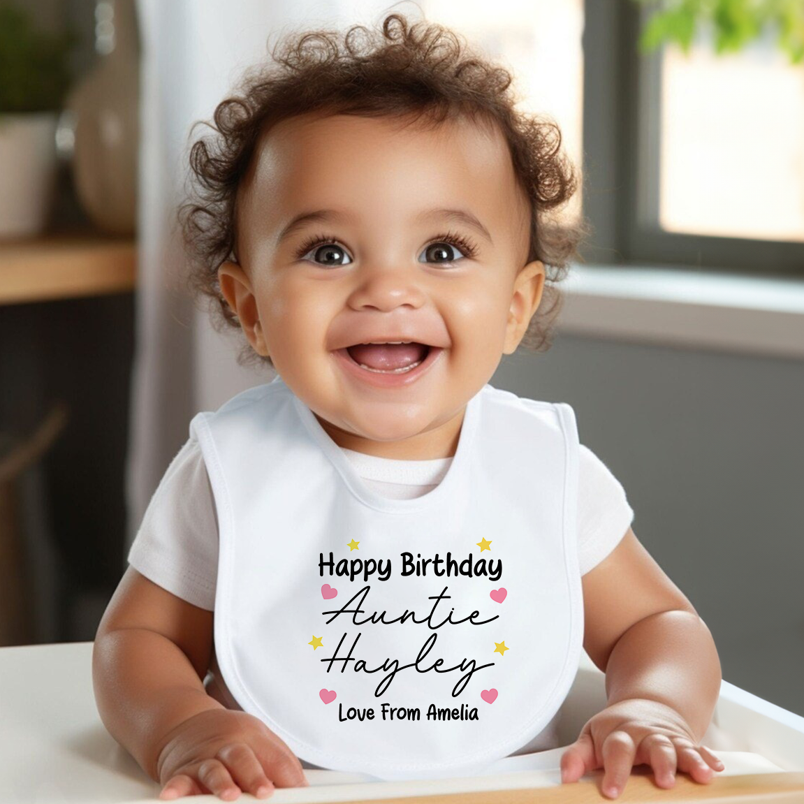 Happy Birthday Pink Hearts Baby Bib