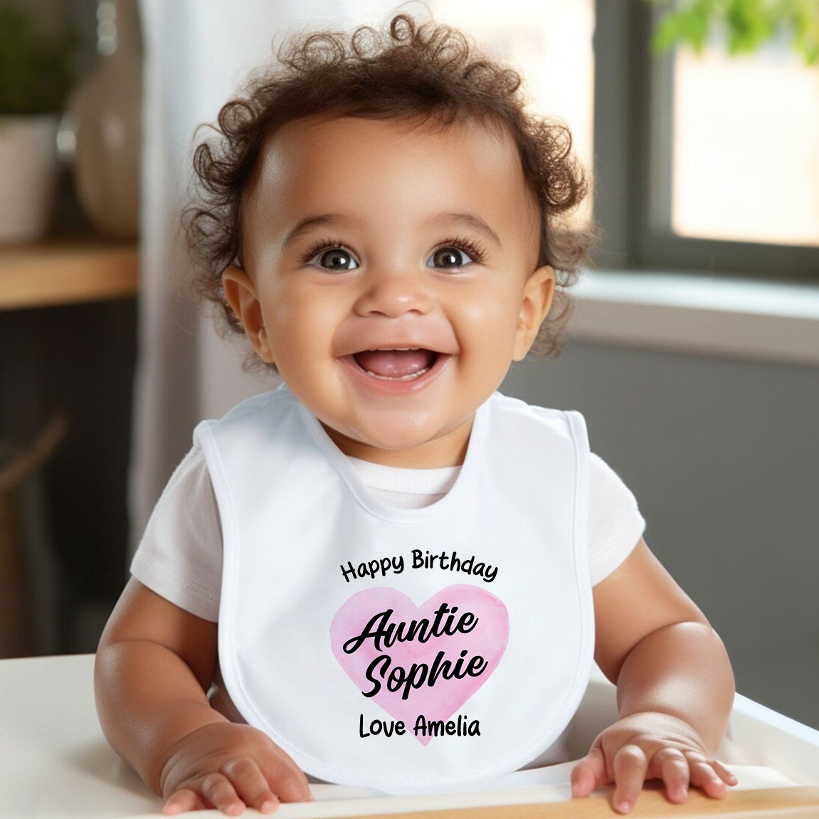 Happy Birthday Pink Heart Baby Bib