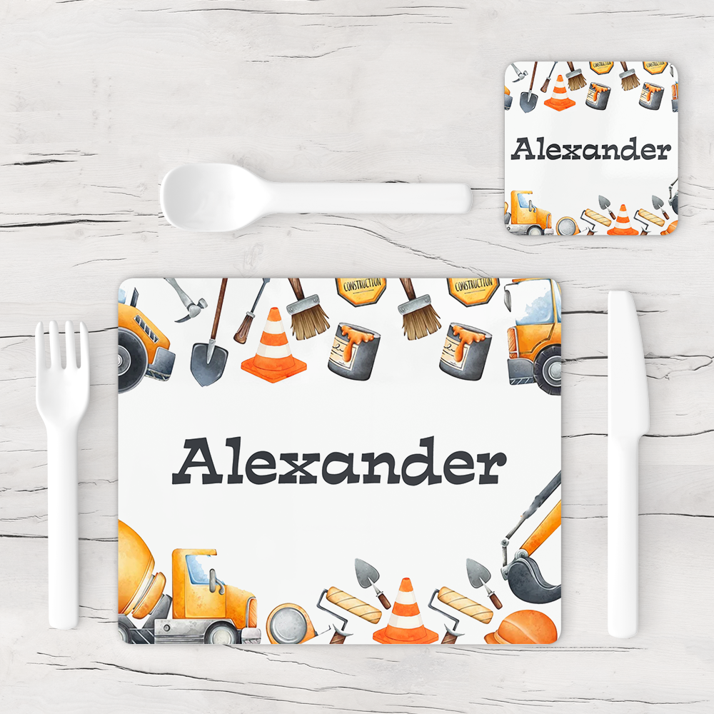 Personalised Construction Diggers Placemat & Coaster