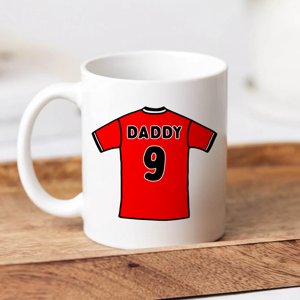 Personalised football shirt mug for dad with custom name number and team shirt colour Father's Day gift
