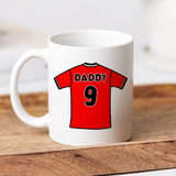 Personalised football shirt mug for dad with custom name number and team shirt colour Father's Day gift