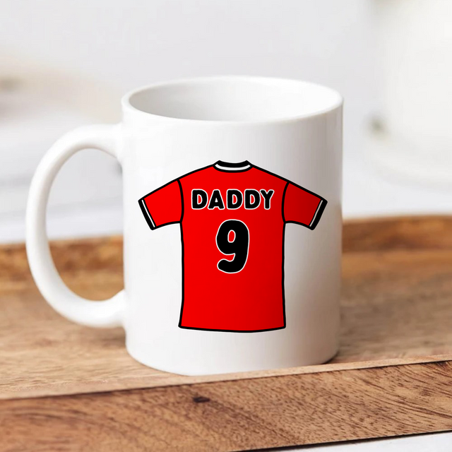 Personalised football shirt mug for dad with custom name number and team shirt colour Father's Day gift