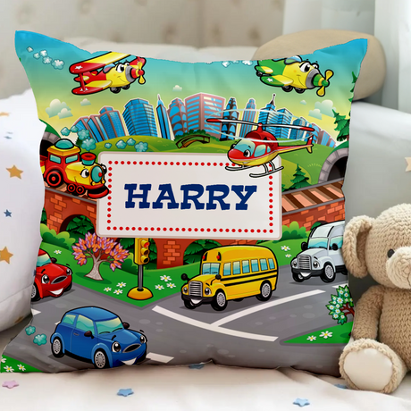 Personalised Cars, Planes & Trains Cushion - Kids Custom Pillow