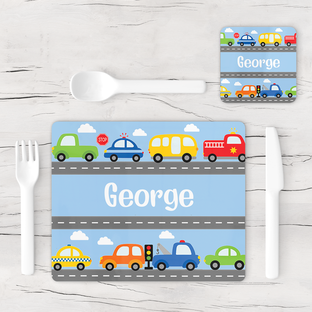 Personalised Cars Transport Placemat & Coaster
