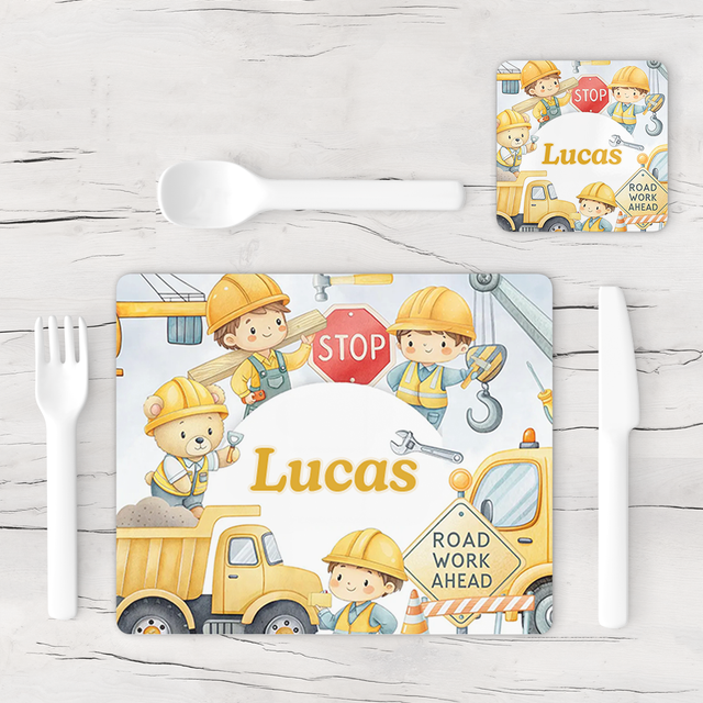 Personalised Construction Diggers Placemat & Coaster