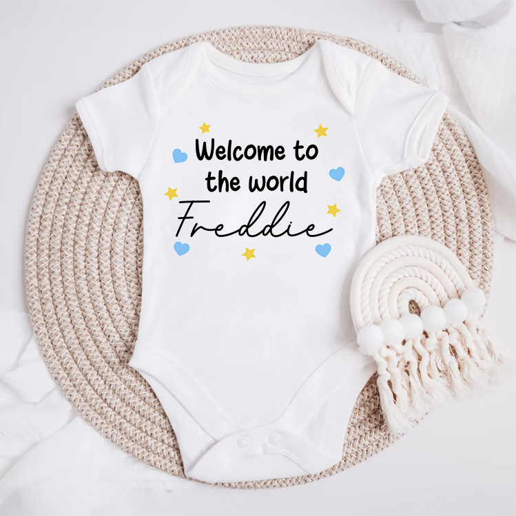 Welcome To The World Blue Hearts Baby Grow